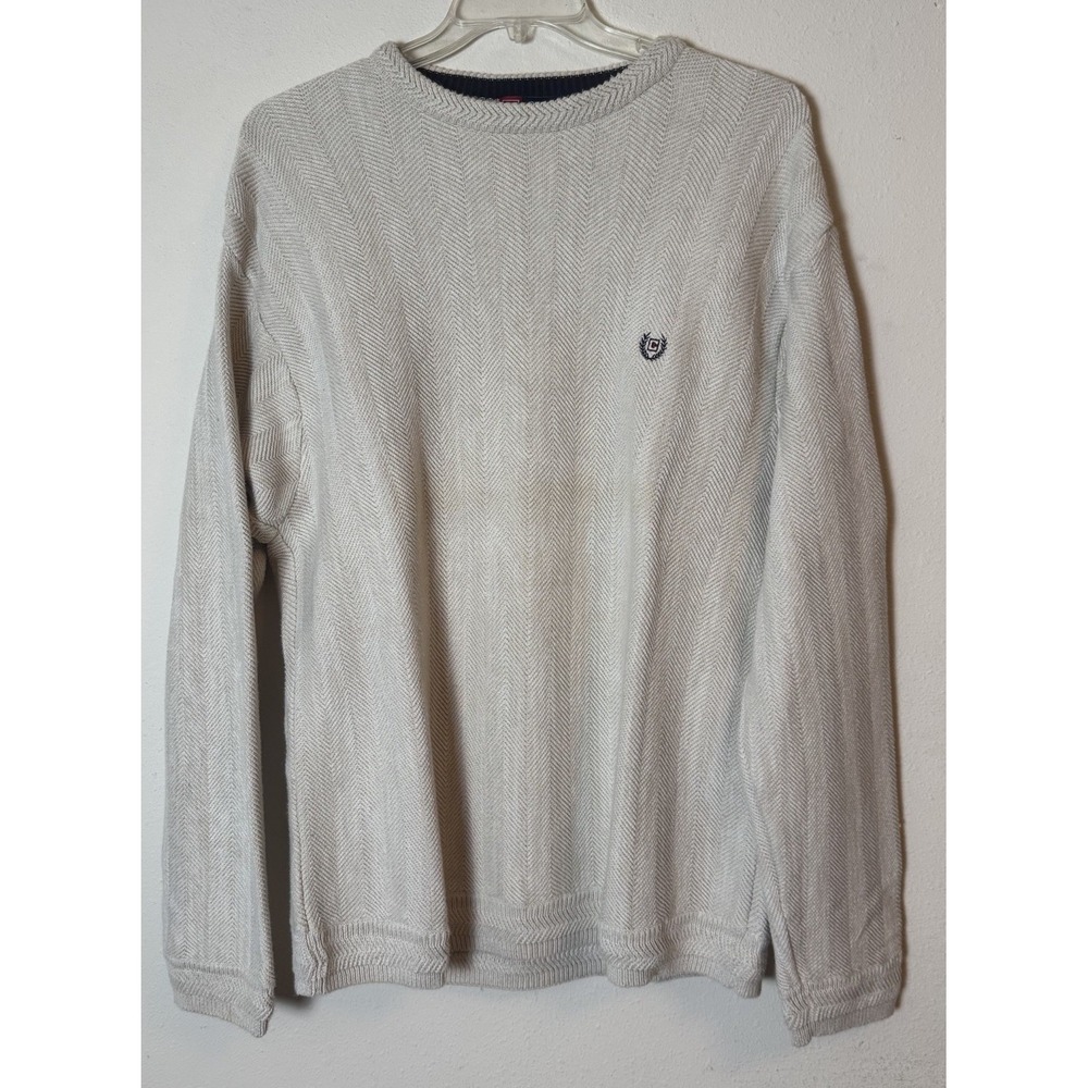 Chaps Men's Sweater XXL Beige Herringbone Knit Crewneck 100% Cotton Macau